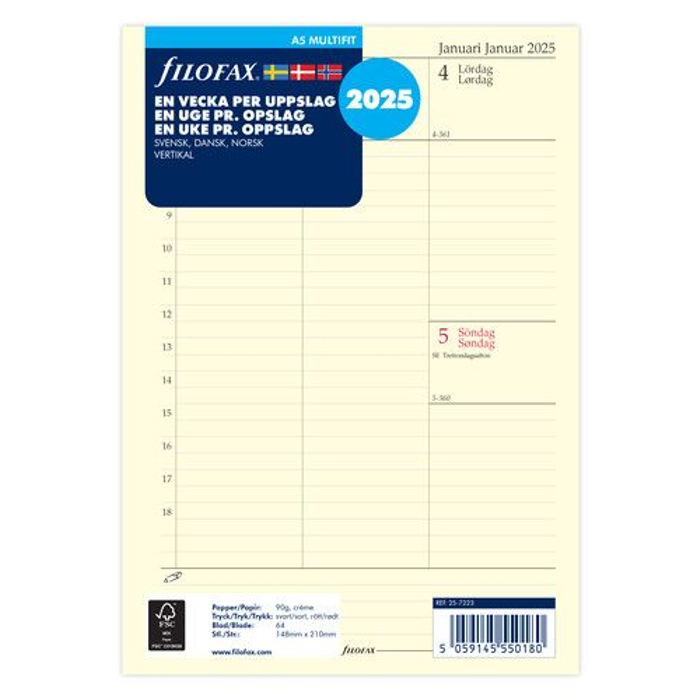 Filofax A5 Dagbok refill 2025 v/u vertikal