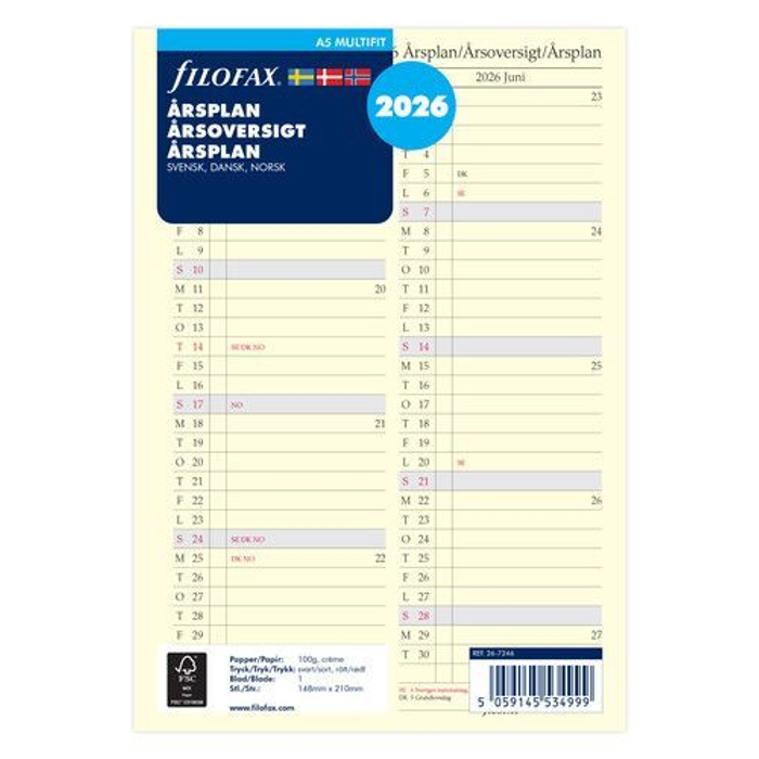 Filofax A5 Årsplan refill 2026