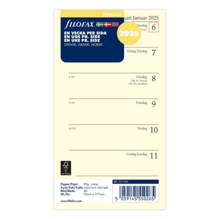 Filofax Personal Dagbok refill 2025 v/s