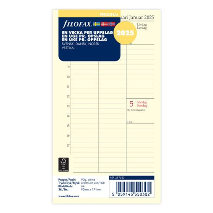 Filofax Personal Dagbok refill 2025 v/u vertikal