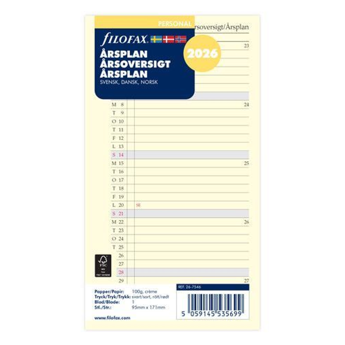 Filofax Personal Årsplan refill 2026